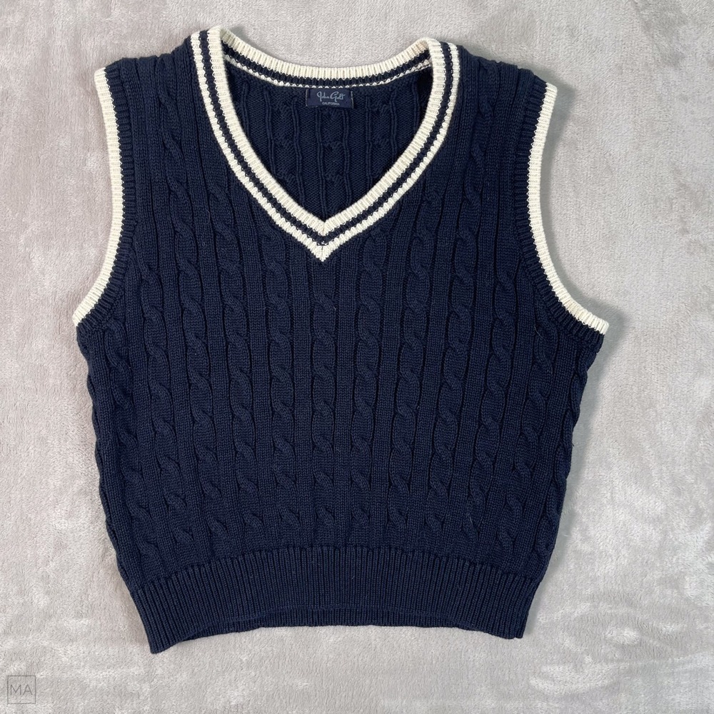 John Galt Women's Vest Cable Knit Preppy Fisherman Academia Minimalist Blue